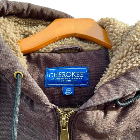 CHEROKEE Men's Duck Canvas Zip Up Hoodie Jacket with Sherpa Lining. - Picture 2 of 4